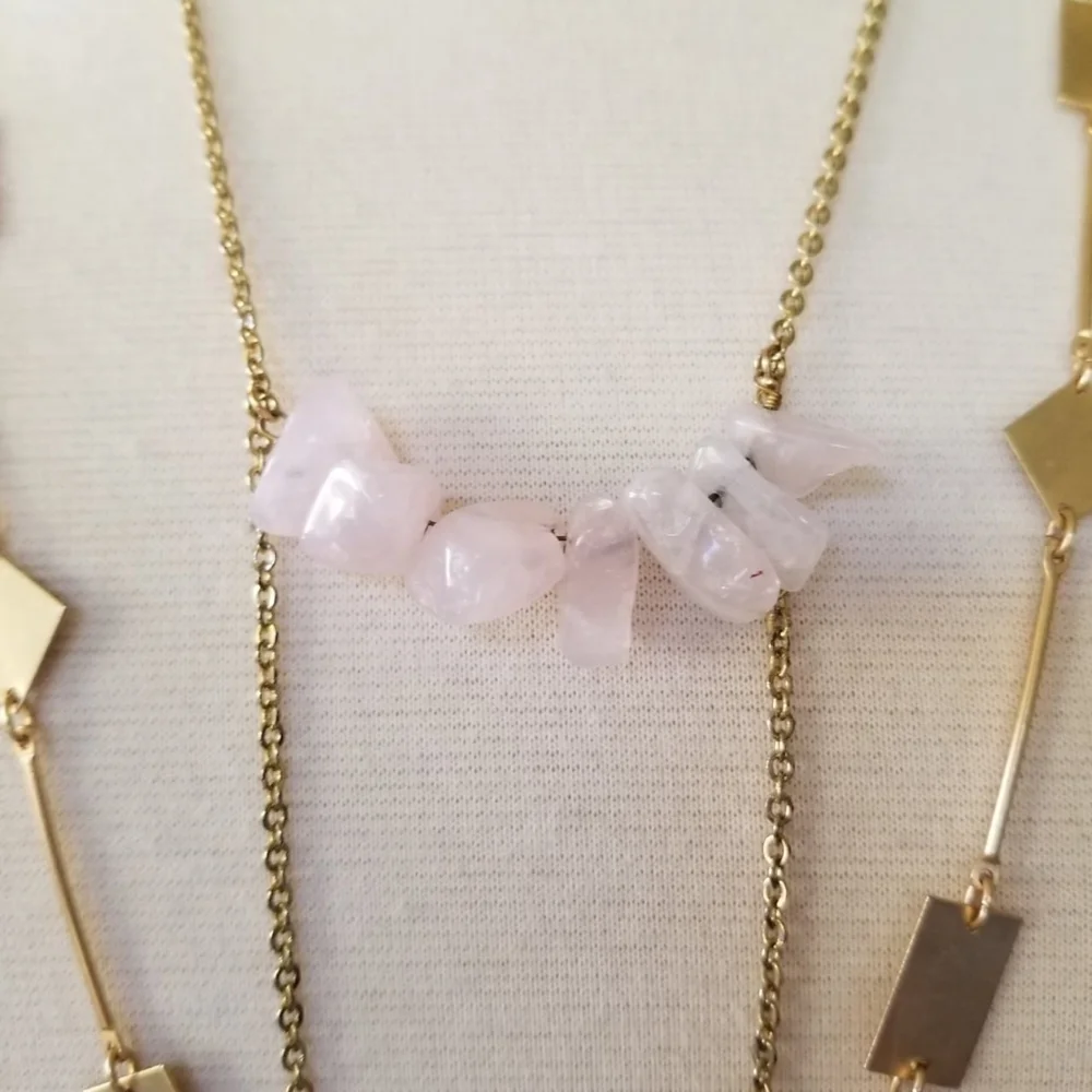 Rose Quartz Stones and Gold Cutout Shapes Layered Double Strand Chain Necklace
